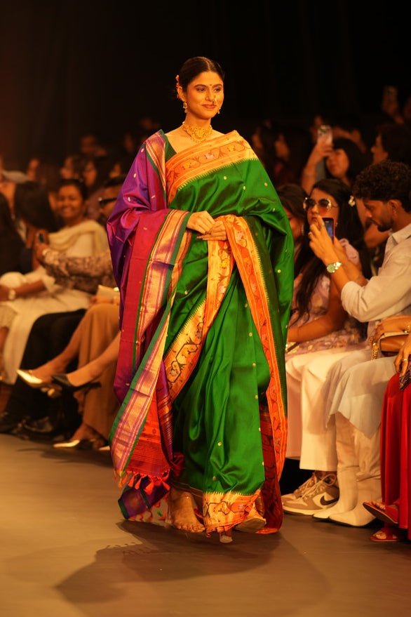 Swarajya ~ Times Fashion Week Exclusive ~ Handloom Pure Silk Paithani with Asawali Pallu and Asawali border in Royal Green - verymuchindian.com