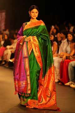 Swarajya ~ Times Fashion Week Exclusive ~ Handloom Pure Silk Paithani with Asawali Pallu and Asawali border in Royal Green - verymuchindian.com