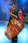 Swarajya ~ Times Fashion Week Exclusive ~ Handloom Pure Silk Paithani with Fancy Peacock Pallu in Royal Green - verymuchindian.com
