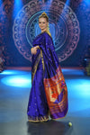 Swarajya ~ Times Fashion Week Exclusive ~ Handloom Pure Silk Paithani with Fancy Peacock Pallu with Embroidered Border in Royal Blue - verymuchindian.com