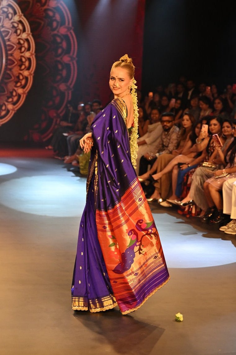 Swarajya ~ Times Fashion Week Exclusive ~ Handloom Pure Silk Paithani with Fancy Peacock Pallu with Embroidered Border in Royal Blue - verymuchindian.com