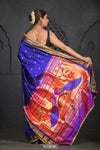 Swarajya ~ Times Fashion Week Exclusive ~ Handloom Pure Silk Paithani with Fancy Peacock Pallu with Embroidered Border in Royal Blue - verymuchindian.com