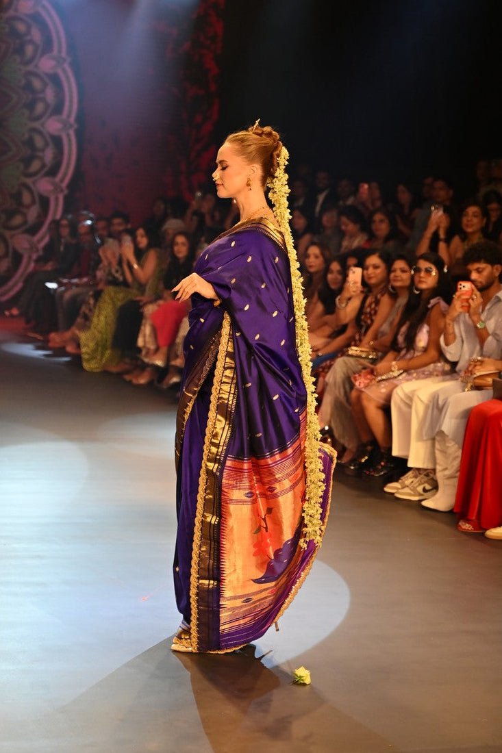 Swarajya ~ Times Fashion Week Exclusive ~ Handloom Pure Silk Paithani with Fancy Peacock Pallu with Embroidered Border in Royal Blue - verymuchindian.com
