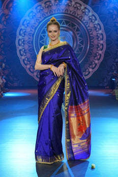 Swarajya ~ Times Fashion Week Exclusive ~ Handloom Pure Silk Paithani with Fancy Peacock Pallu with Embroidered Border in Royal Blue - verymuchindian.com