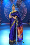 Swarajya ~ Times Fashion Week Exclusive ~ Handloom Pure Silk Paithani with Fancy Peacock Pallu with Embroidered Border in Royal Blue - verymuchindian.com