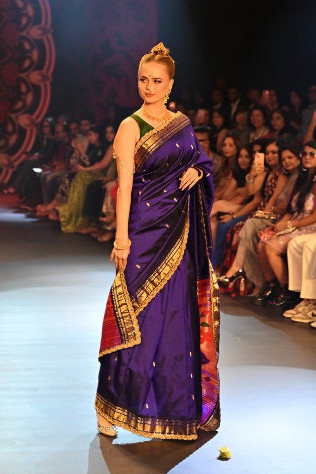 Swarajya ~ Times Fashion Week Exclusive ~ Handloom Pure Silk Paithani with Fancy Peacock Pallu with Embroidered Border in Royal Blue - verymuchindian.com