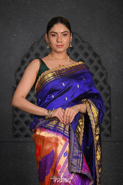 Swarajya ~ Times Fashion Week Exclusive ~ Handloom Pure Silk Paithani with Fancy Peacock Pallu with Embroidered Border in Royal Blue - verymuchindian.com