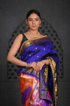 Swarajya ~ Times Fashion Week Exclusive ~ Handloom Pure Silk Paithani with Fancy Peacock Pallu with Embroidered Border in Royal Blue - verymuchindian.com