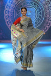 Swarajya ~ Times Fashion Week Exclusive ~ Handloom Pure Silk Paithani with Lotus Tawa Pallu in Starlight Grey - verymuchindian.com