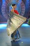 Swarajya ~ Times Fashion Week Exclusive ~ Handloom Pure Silk Paithani with Lotus Tawa Pallu in Starlight Grey - verymuchindian.com