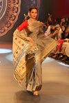 Swarajya ~ Times Fashion Week Exclusive ~ Handloom Pure Silk Paithani with Lotus Tawa Pallu in Starlight Grey - verymuchindian.com