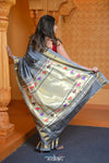 Swarajya ~ Times Fashion Week Exclusive ~ Handloom Pure Silk Paithani with Lotus Tawa Pallu in Starlight Grey - verymuchindian.com
