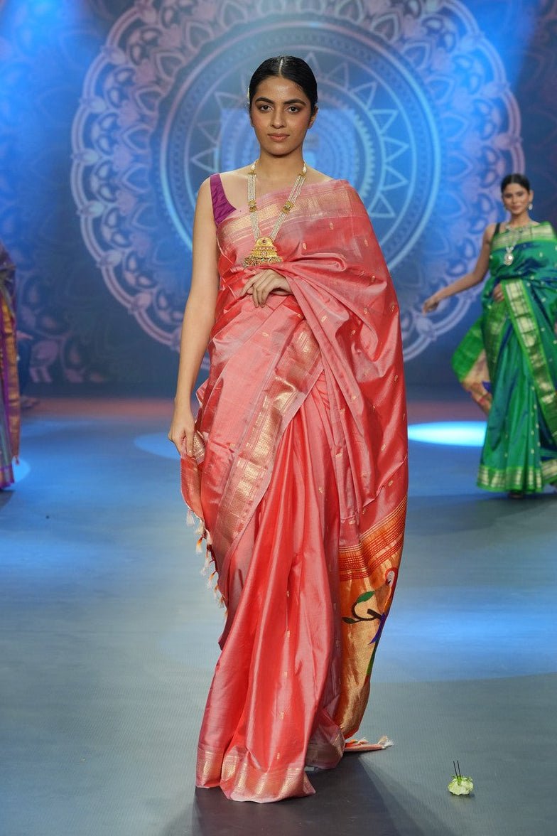 Swarajya ~ Times Fashion Week Exclusive ~ Handloom Pure SilkSwarajya ~ Paithani with Fancy Parrot Pallu in Soft Pink Peach Pallu - verymuchindian.com