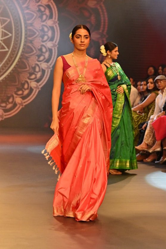 Swarajya ~ Times Fashion Week Exclusive ~ Handloom Pure SilkSwarajya ~ Paithani with Fancy Parrot Pallu in Soft Pink Peach Pallu - verymuchindian.com