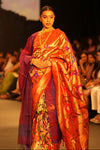 Swarajya ~ Times Fashion Week Exclusive ~ Handloom Swarajya ~ All Over Pure Silk Paithani Saree with Floral Handwork in Zari in Red - verymuchindian.com
