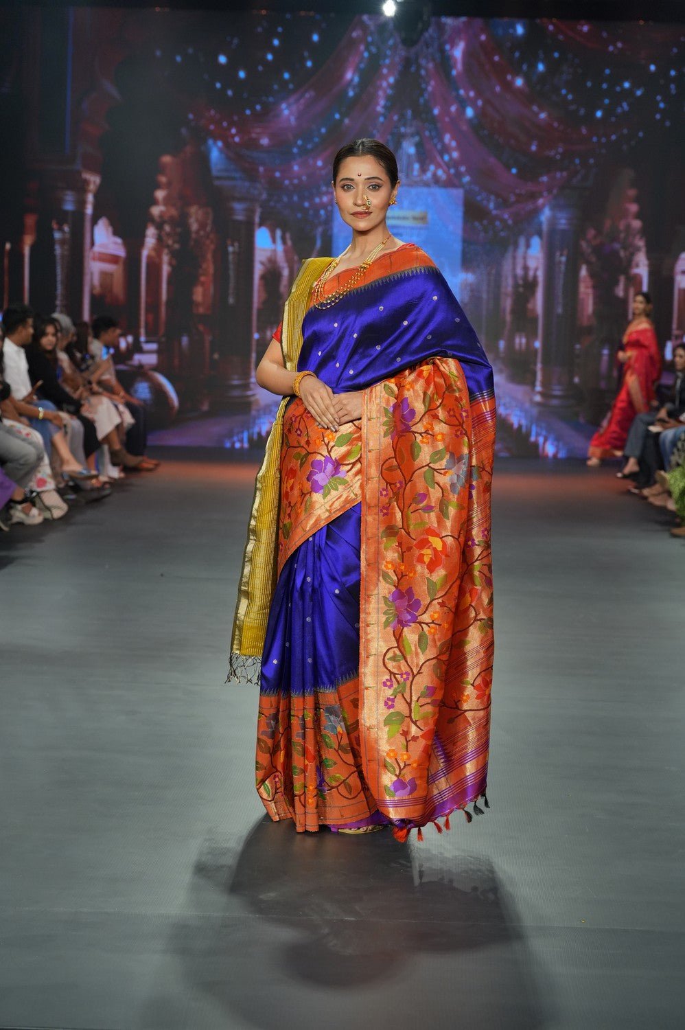 Swarajya ~ Times Fashion Week Exclusive ~ Premium! Handloom Pure Silk Half Over Paithani with Floral Theme in Royal Blue - verymuchindian.com