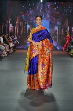 Swarajya ~ Times Fashion Week Exclusive ~ Premium! Handloom Pure Silk Half Over Paithani with Floral Theme in Royal Blue - verymuchindian.com