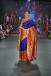 Swarajya ~ Times Fashion Week Exclusive ~ Premium! Handloom Pure Silk Half Over Paithani with Floral Theme in Royal Blue - verymuchindian.com