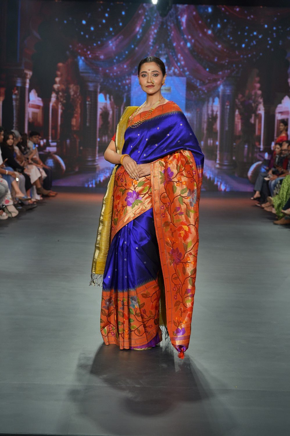 Swarajya ~ Times Fashion Week Exclusive ~ Premium! Handloom Pure Silk Half Over Paithani with Floral Theme in Royal Blue - verymuchindian.com