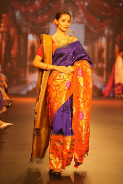 Swarajya ~ Times Fashion Week Exclusive ~ Premium! Handloom Pure Silk Half Over Paithani with Floral Theme in Royal Blue - verymuchindian.com