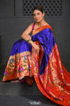 Swarajya ~ Times Fashion Week Exclusive ~ Premium! Handloom Pure Silk Half Over Paithani with Floral Theme in Royal Blue - verymuchindian.com
