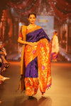 Swarajya ~ Times Fashion Week Exclusive ~ Premium! Handloom Pure Silk Half Over Paithani with Floral Theme in Royal Blue - verymuchindian.com