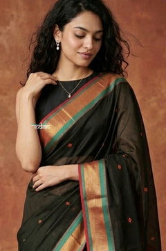 Tarang 2.0 ~ Handloom Cotton Silk Sleek Designer Border in Black - verymuchindian.com