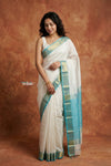 Tarang 2.0 ~ Handloom Cotton Silk Sleek Designer Border in White Blue - verymuchindian.com