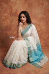 Tarang 2.0 ~ Handloom Cotton Silk Sleek Designer Border in White Blue - verymuchindian.com