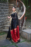 Tarang Exclusive ~ Handloom Cotton Silk Meenawork Buttis Sleek Designer Border in Black & Red - verymuchindian.com