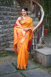 Tarang Exclusive ~ Handloom Cotton Silk Meenawork Buttis Sleek Designer Border in Yellow & Red - verymuchindian.com