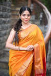 Tarang Exclusive ~ Handloom Cotton Silk Meenawork Buttis Sleek Designer Border in Yellow & Red - verymuchindian.com