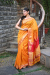 Tarang Exclusive ~ Handloom Cotton Silk Meenawork Buttis Sleek Designer Border in Yellow & Red - verymuchindian.com