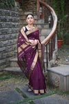 Tarang Exclusive ~ Handloom Cotton Silk Meenawork Sleek Designer Border in Rose Maroon with Buttis - verymuchindian.com