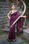 Tarang Exclusive ~ Handloom Cotton Silk Meenawork Sleek Designer Border in Rose Maroon with Buttis - verymuchindian.com