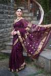 Tarang Exclusive ~ Handloom Cotton Silk Meenawork Sleek Designer Border in Rose Maroon with Buttis - verymuchindian.com