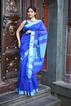 Tarang ~ Handloom Cotton Silk Ari Checks Sleek Designer Border in Marine Blue - verymuchindian.com