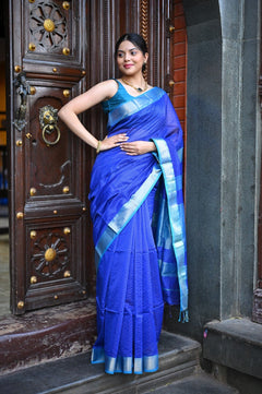 Tarang ~ Handloom Cotton Silk Ari Checks Sleek Designer Border in Marine Blue - verymuchindian.com