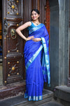 Tarang ~ Handloom Cotton Silk Ari Checks Sleek Designer Border in Marine Blue - verymuchindian.com