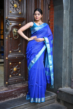Tarang ~ Handloom Cotton Silk Ari Checks Sleek Designer Border in Marine Blue - verymuchindian.com