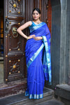 Tarang ~ Handloom Cotton Silk Ari Checks Sleek Designer Border in Marine Blue - verymuchindian.com