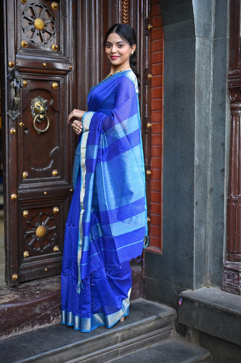 Tarang ~ Handloom Cotton Silk Ari Checks Sleek Designer Border in Marine Blue - verymuchindian.com