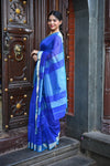 Tarang ~ Handloom Cotton Silk Ari Checks Sleek Designer Border in Marine Blue - verymuchindian.com