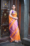 Tarang ~ Handloom Cotton Silk Ari Checks Sleek Designer Border in Orange & Purple - verymuchindian.com