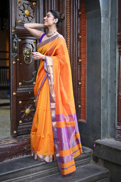 Tarang ~ Handloom Cotton Silk Ari Checks Sleek Designer Border in Orange & Purple - verymuchindian.com