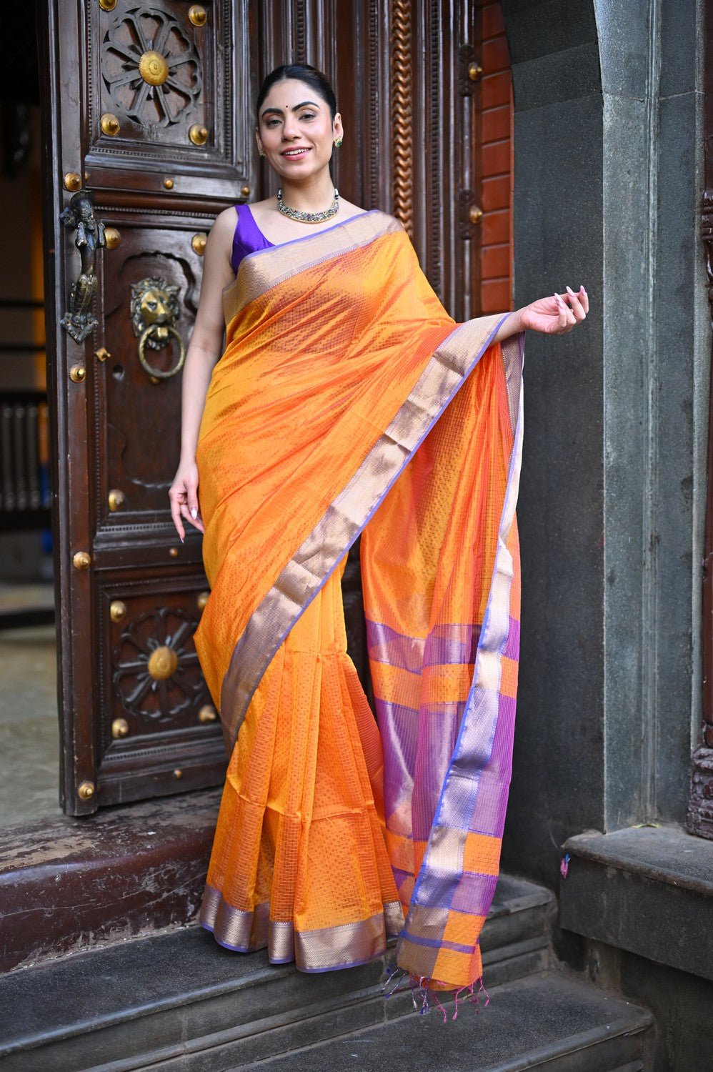 Tarang ~ Handloom Cotton Silk Ari Checks Sleek Designer Border in Orange & Purple - verymuchindian.com