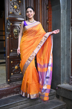 Tarang ~ Handloom Cotton Silk Ari Checks Sleek Designer Border in Orange & Purple - verymuchindian.com