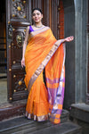 Tarang ~ Handloom Cotton Silk Ari Checks Sleek Designer Border in Orange & Purple - verymuchindian.com