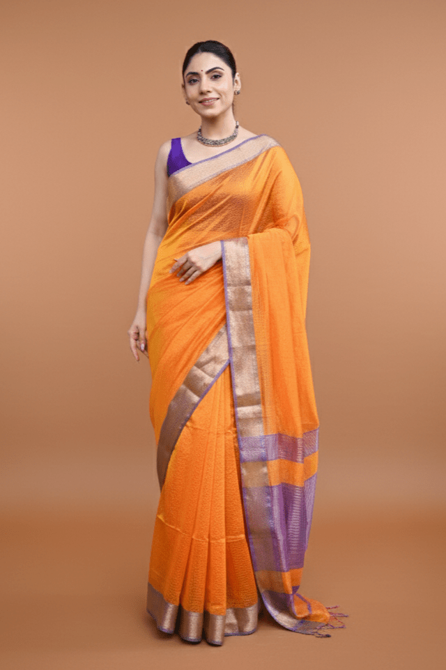 Tarang ~ Handloom Cotton Silk Ari Checks Sleek Designer Border in Orange & Purple - verymuchindian.com