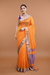 Tarang ~ Handloom Cotton Silk Ari Checks Sleek Designer Border in Orange & Purple - verymuchindian.com